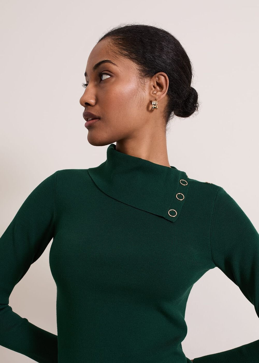 Regina Popper Collar Ribbed Top Green