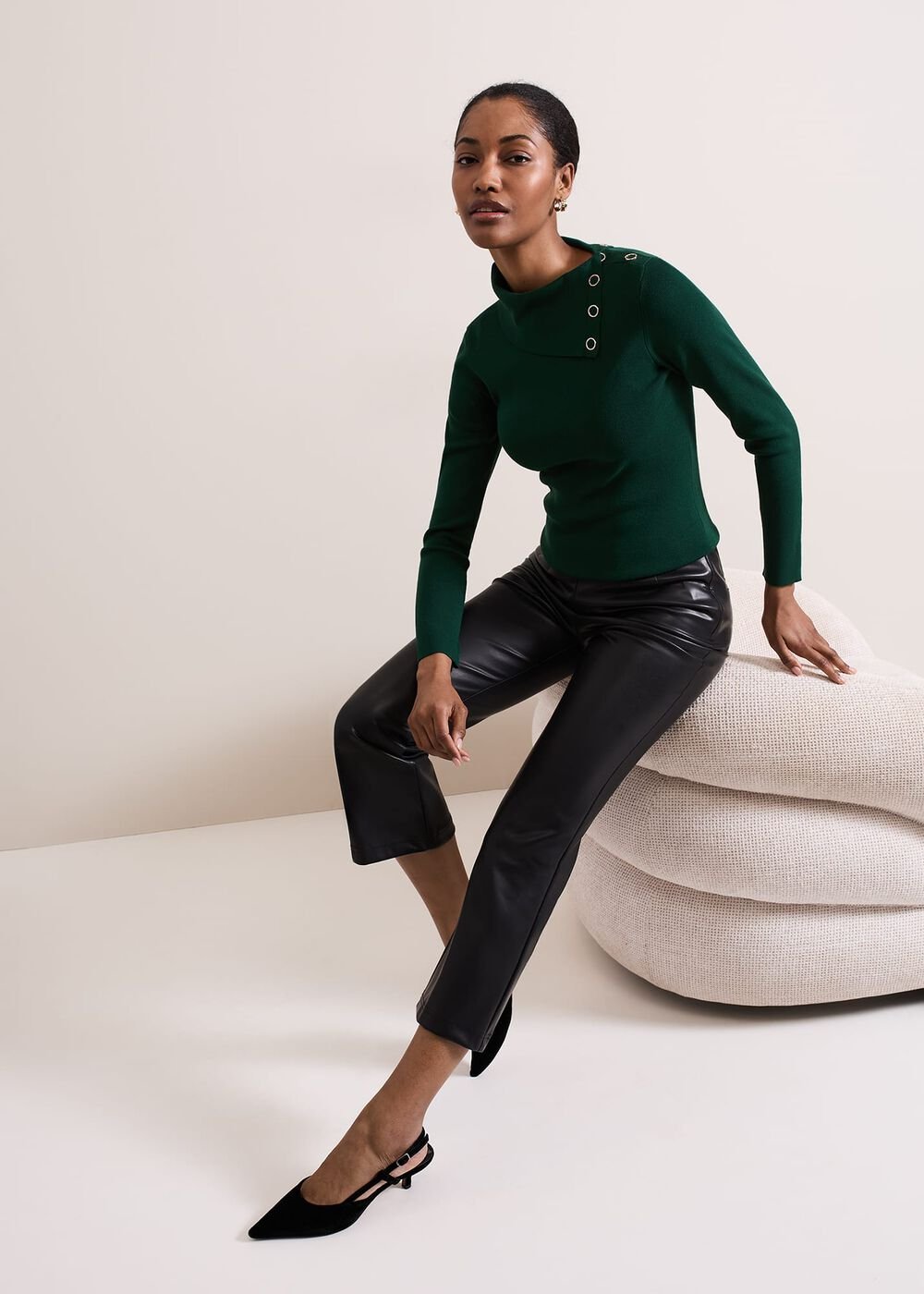 Regina Popper Collar Ribbed Top Green