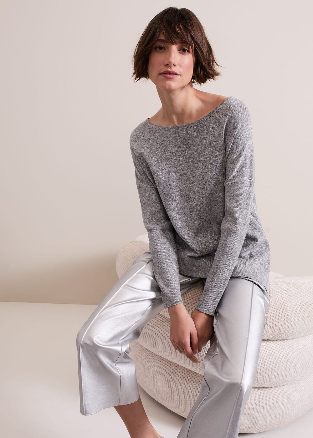 Sofia Silver Lurex Asymetric Jumper Silver