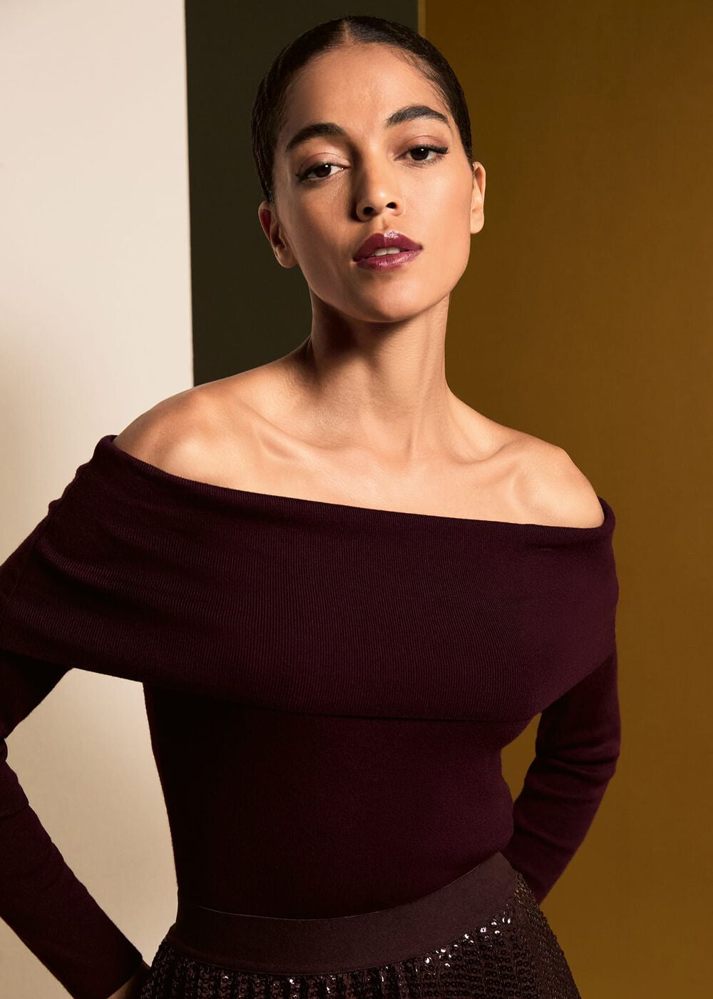 Nya Bardot Knit Top Burgundy