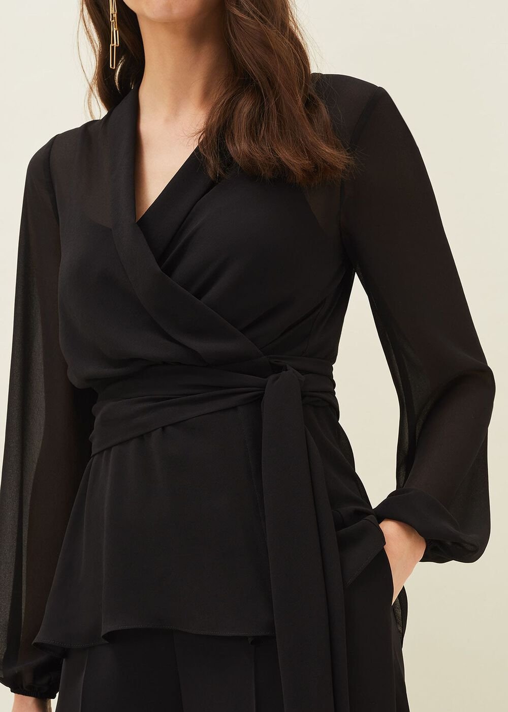 Florentine Semi-Sheer Wrap Top Black