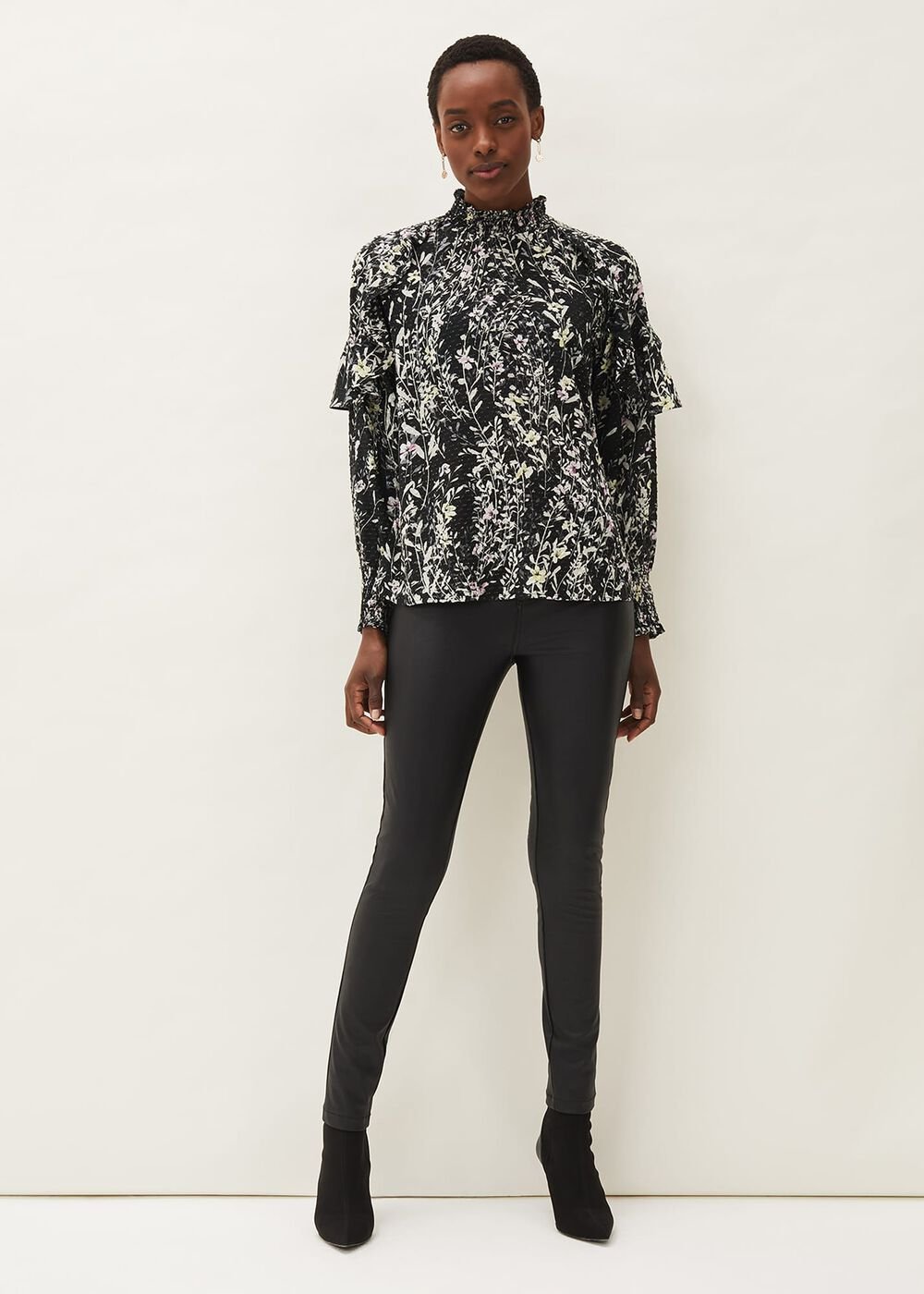 Daphne Floral Frill Blouse Black