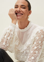 Coralina Embroidered Frill Blouse Oyster