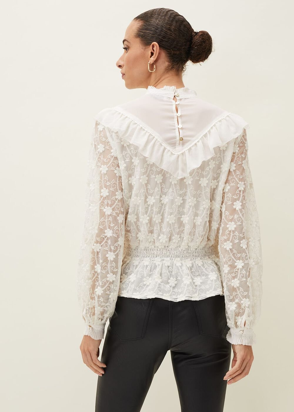 Coralina Embroidered Frill Blouse Oyster