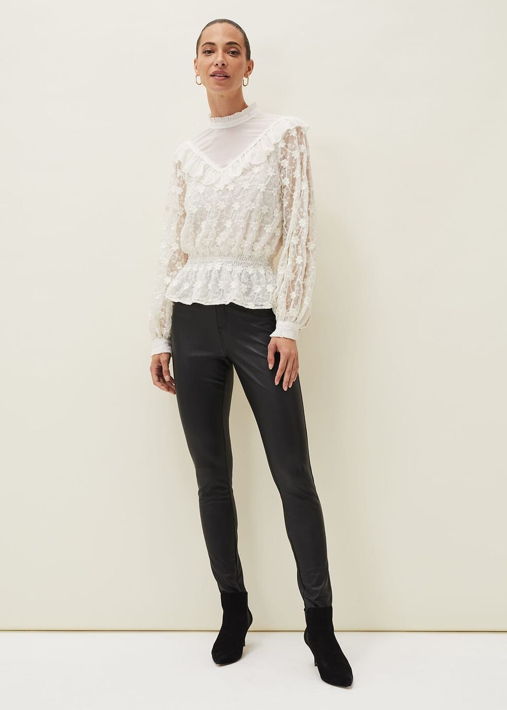 Coralina Embroidered Frill Blouse Oyster