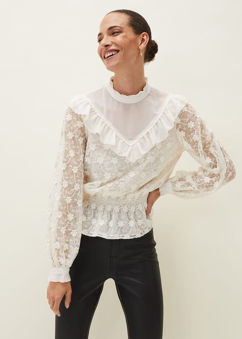 Coralina Embroidered Frill Blouse Oyster