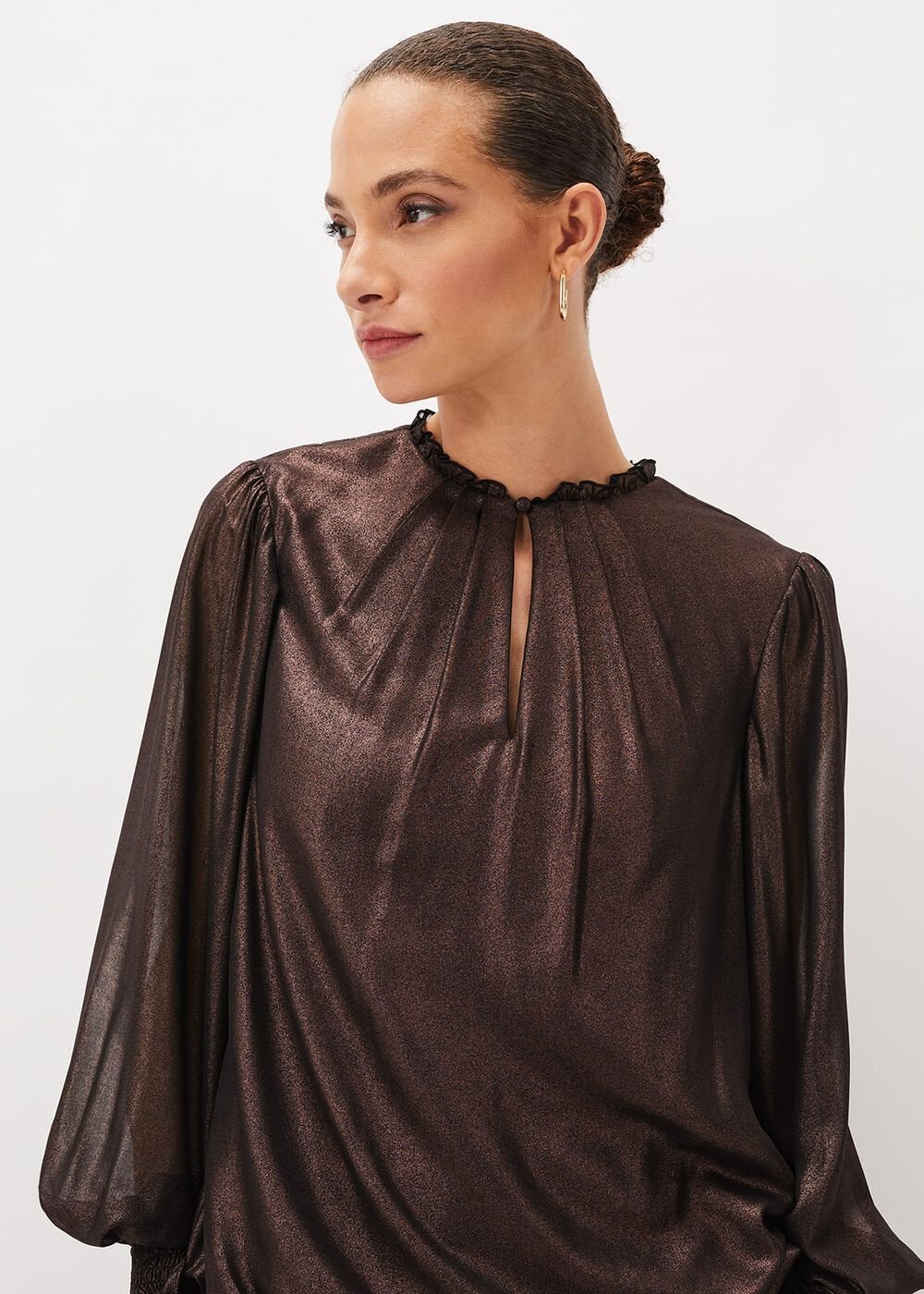 Zavia Metallic Foil Balloon Sleeve Blouse Rose Gold