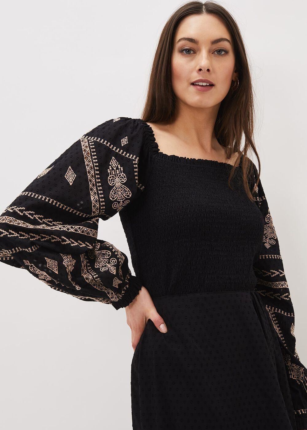 Debby Shirred Embroidered Blouse Black