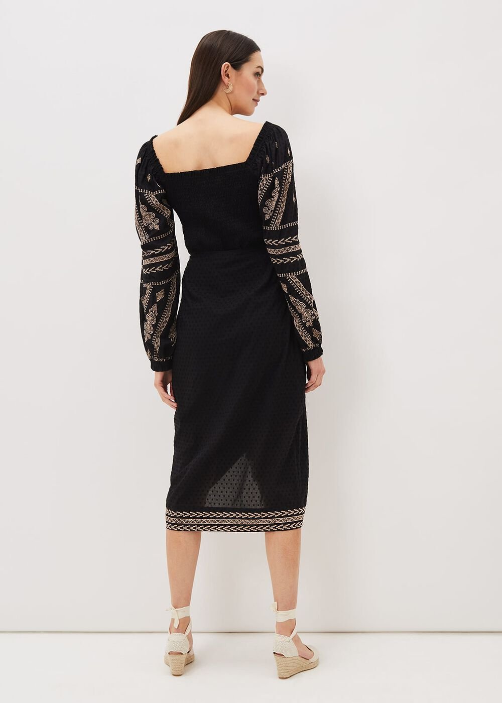 Debby Shirred Embroidered Blouse Black