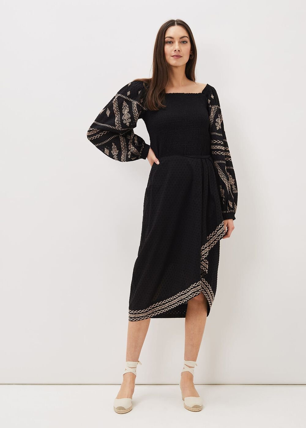 Debby Shirred Embroidered Blouse Black