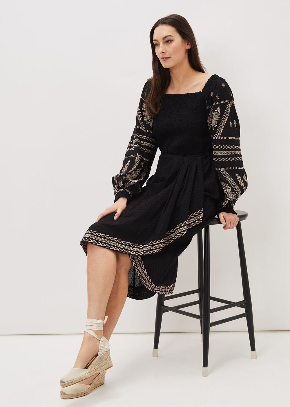 Debby Shirred Embroidered Blouse Black