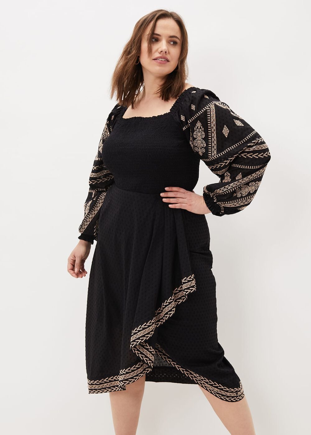 Debby Shirred Embroidered Blouse Black