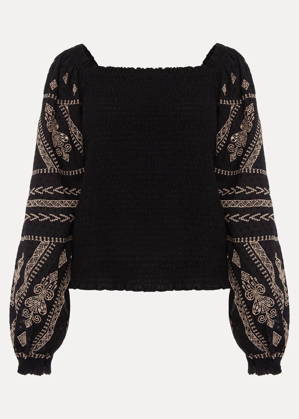 Debby Shirred Embroidered Blouse Black