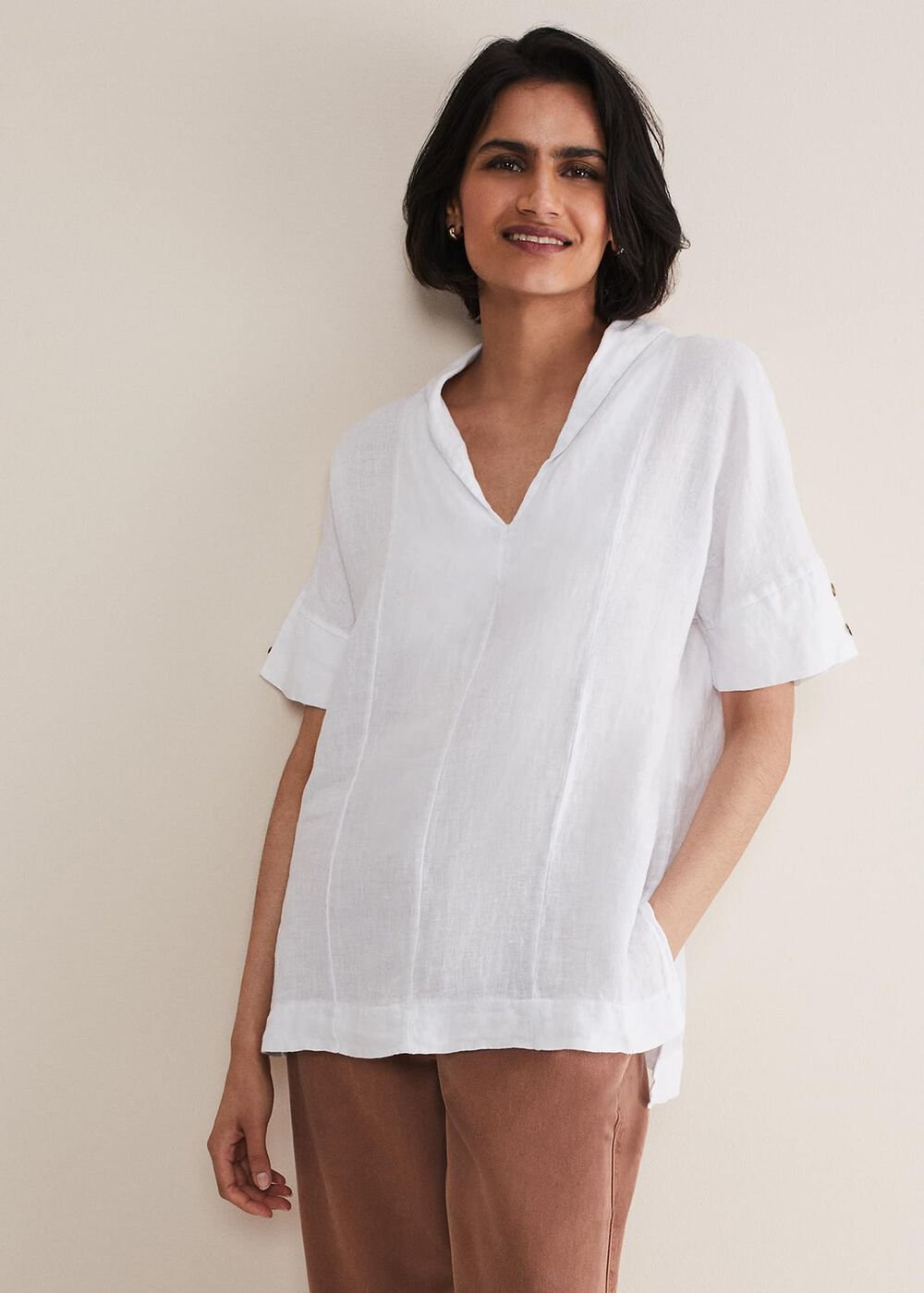 Carita V-Neck Linen Blouse White