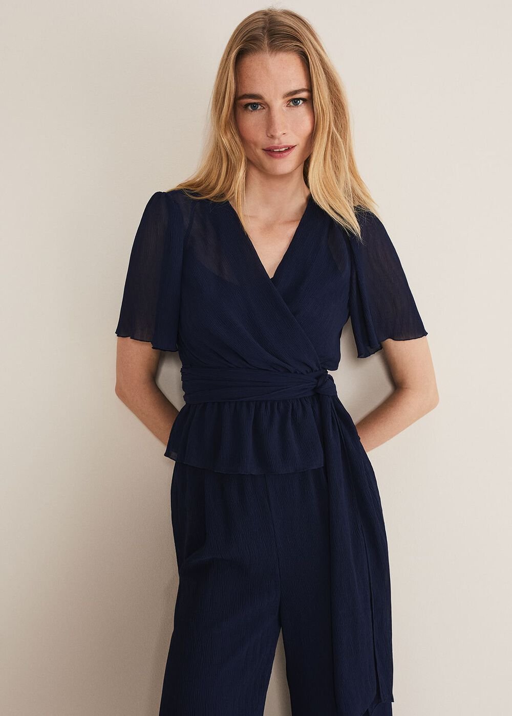 Aster Plisse Wrap Top Co-Ord French Navy