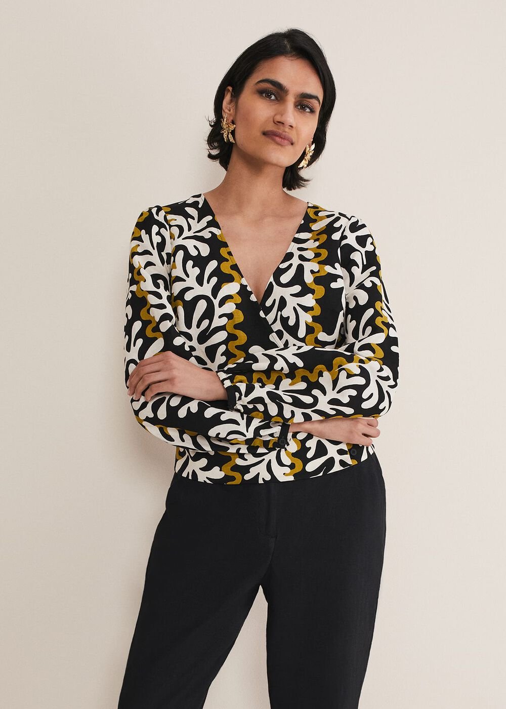 Vienna Linen Wrap Blouse Black/Multi
