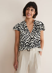 Dalia Ikat Ruffle Top Black/Ivory