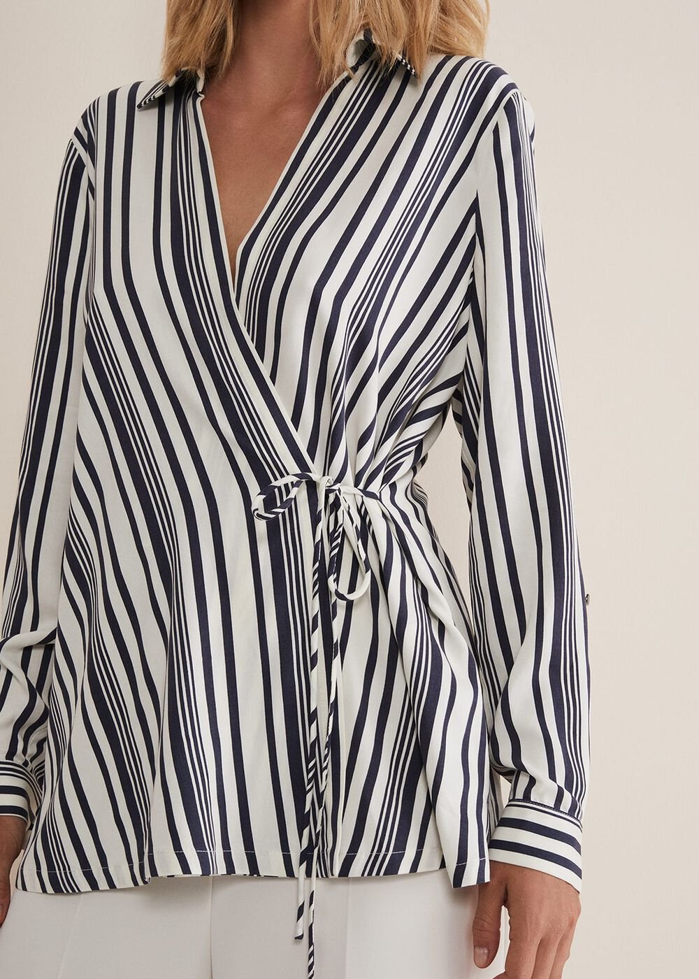 Dalila Striped Wrap Blouse Carbon/Ivory