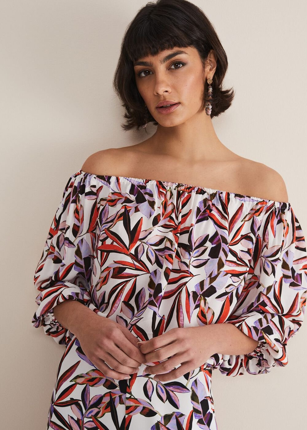 Tona Leaf Print Bardot Top Multi-Coloured