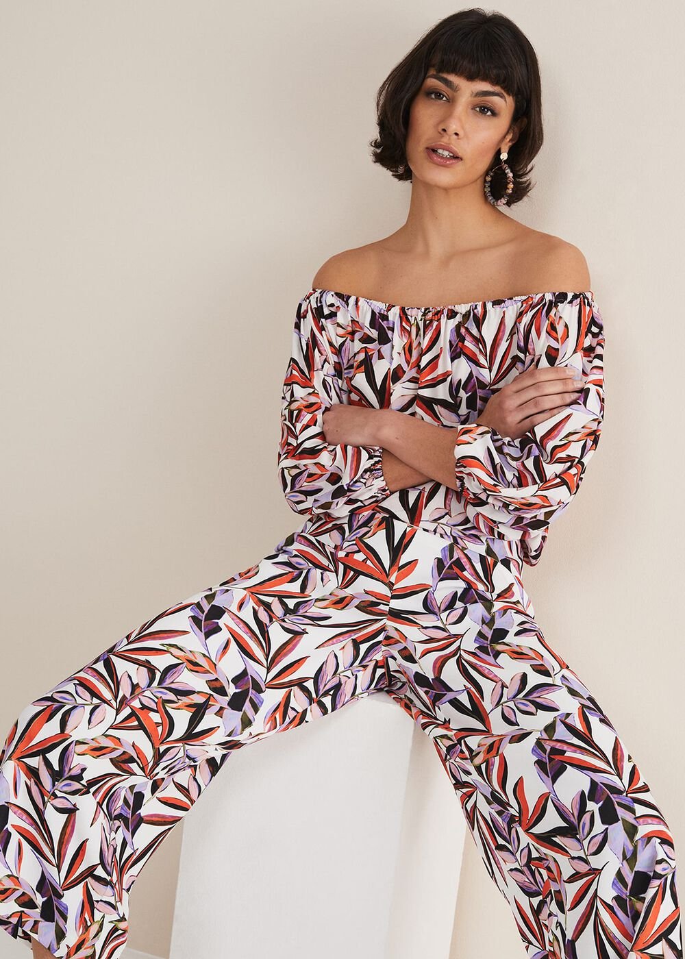 Tona Leaf Print Bardot Top Multi-Coloured