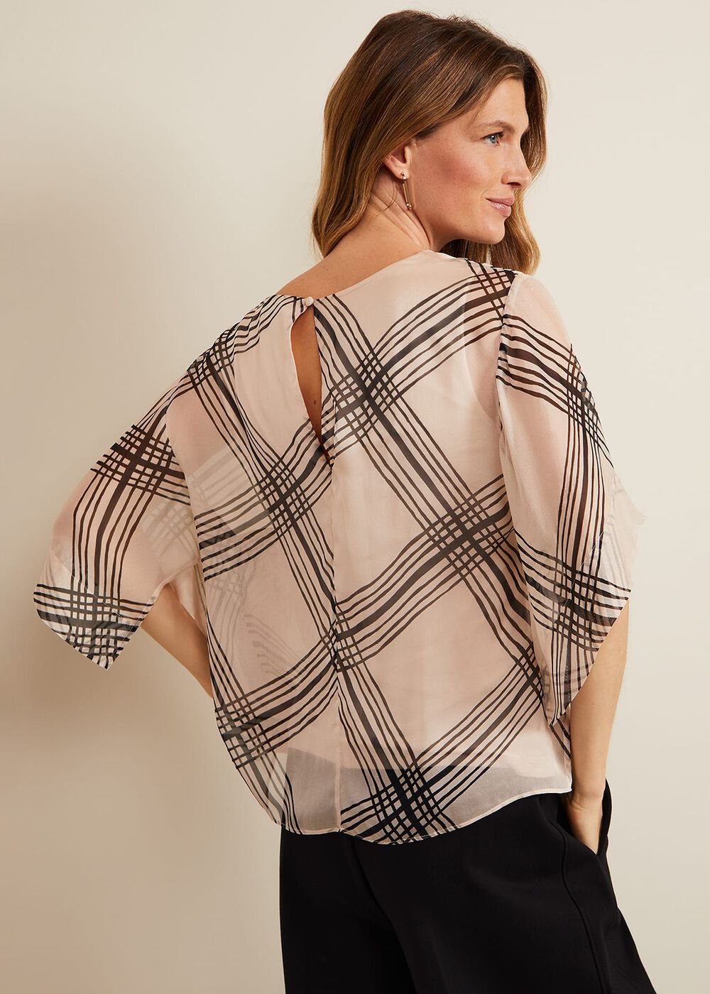 Aleena Check Silk Print Top Cream