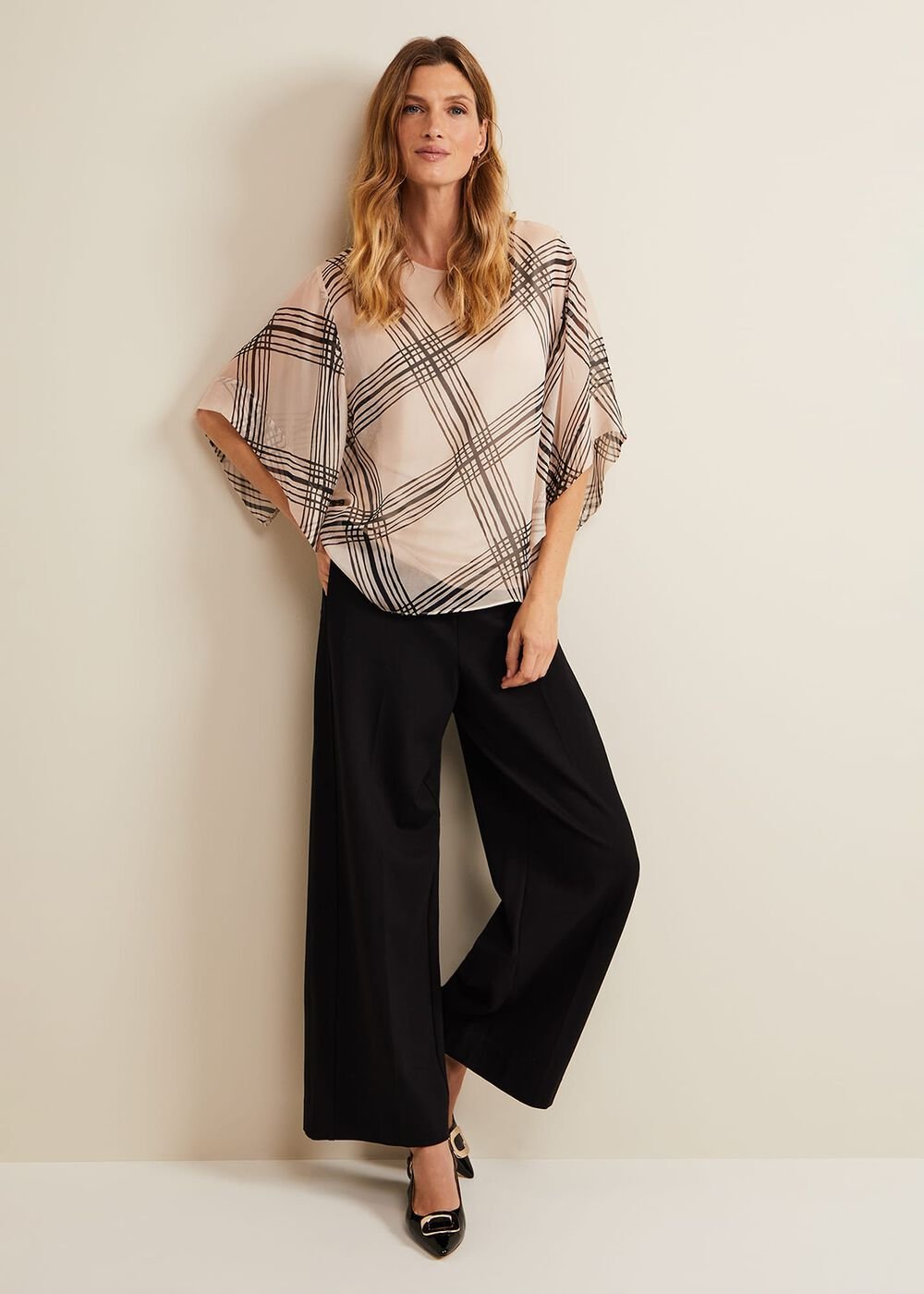 Aleena Check Silk Print Top Cream
