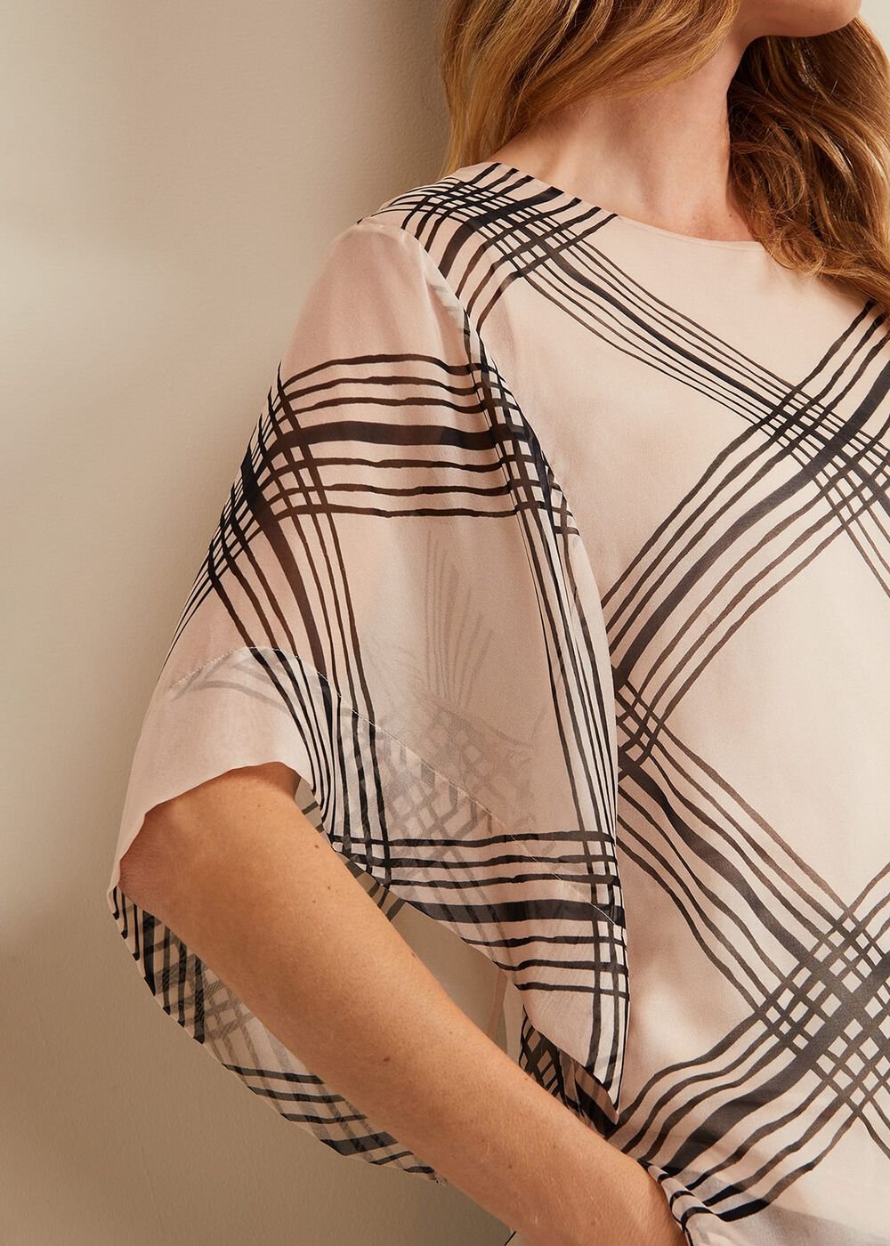 Aleena Check Silk Print Top Cream