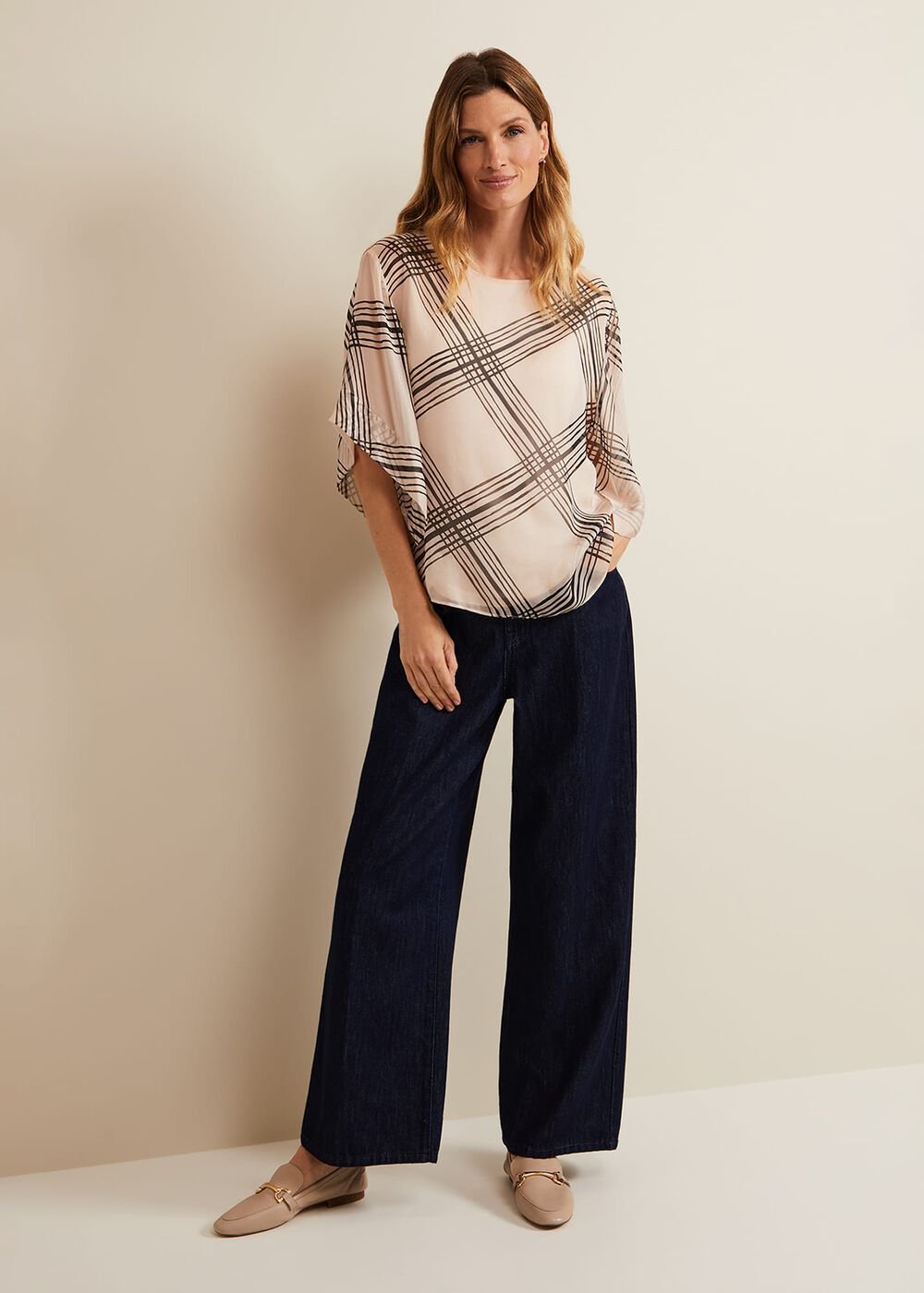 Aleena Check Silk Print Top Cream
