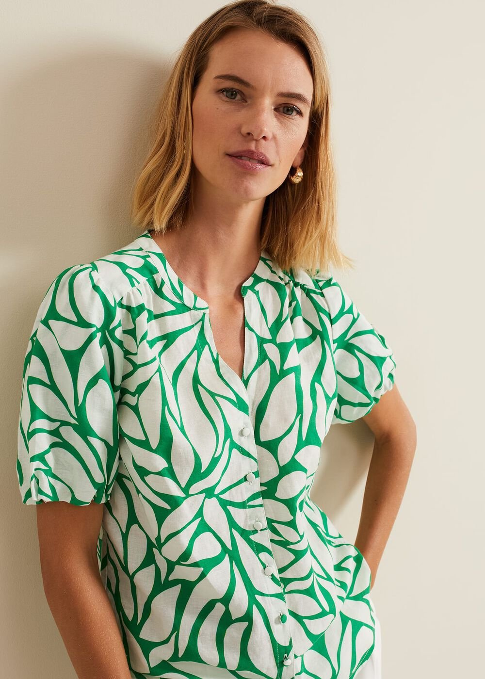 Louanna Linen Printed Shirt Green/Ivory