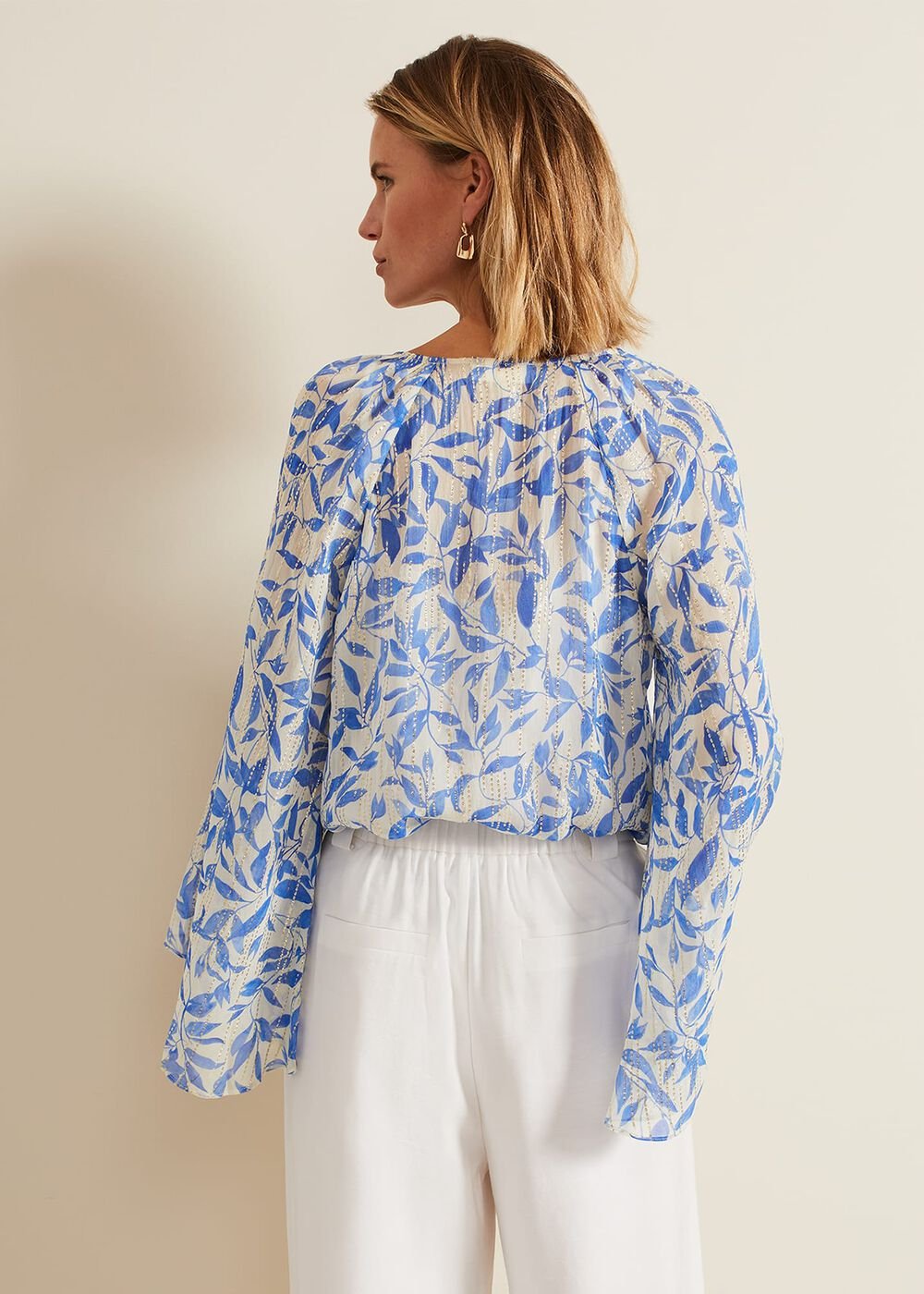 Simi Leaf Print Filcoupe Blouse Blue