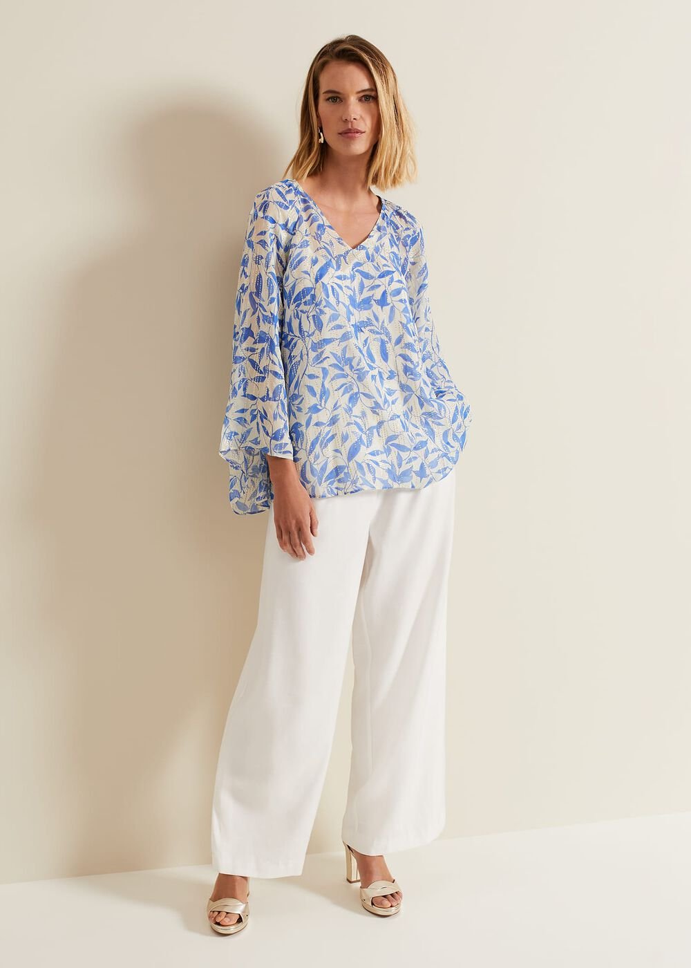 Simi Leaf Print Filcoupe Blouse Blue