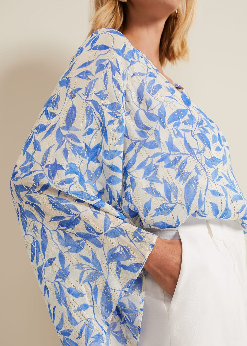 Simi Leaf Print Filcoupe Blouse Blue