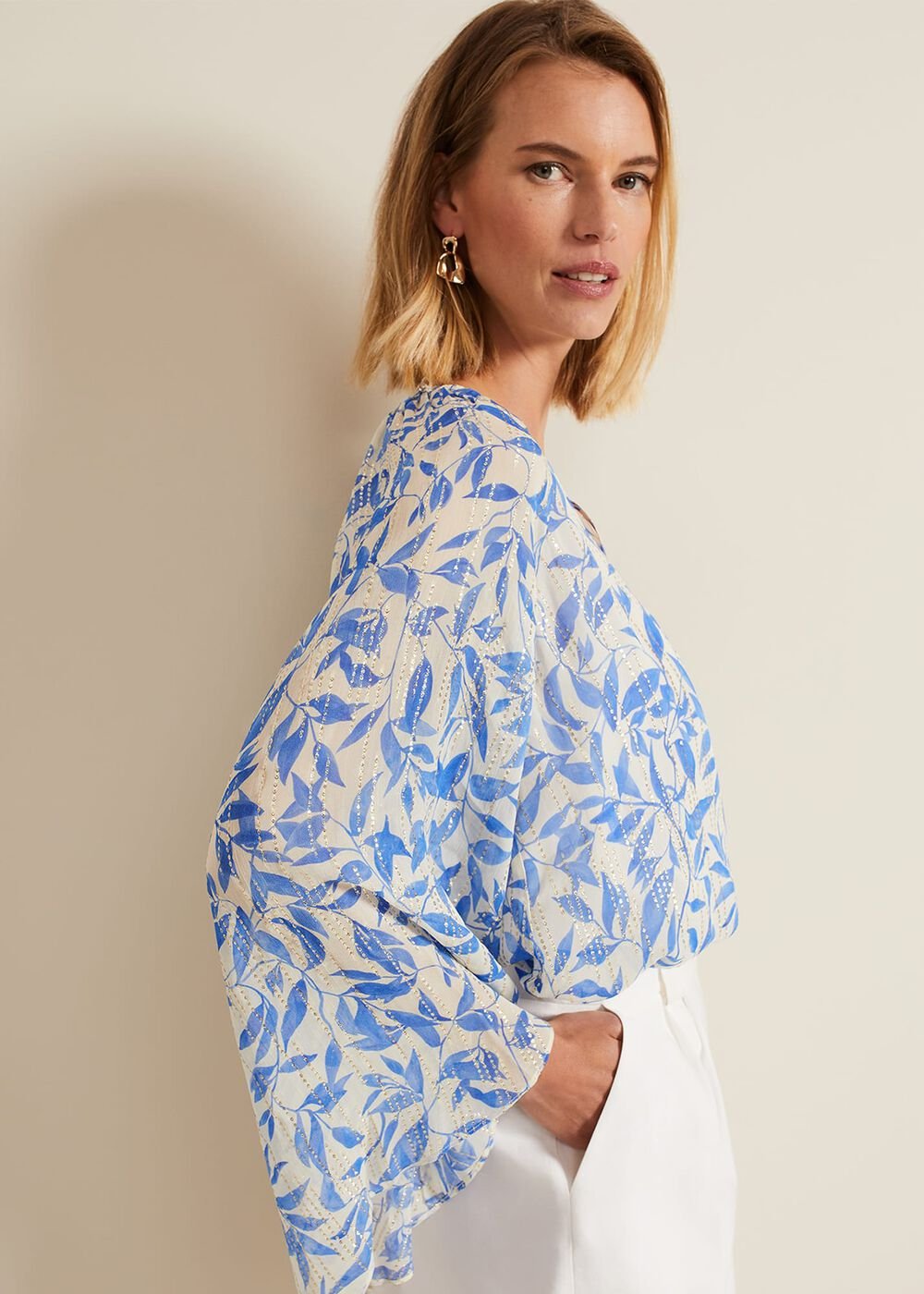 Simi Leaf Print Filcoupe Blouse Blue