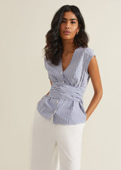 Sadie Striped Tie Waist Shirt Blue