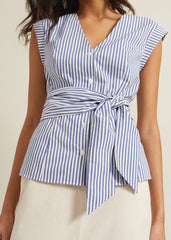 Sadie Striped Tie Waist Shirt Blue