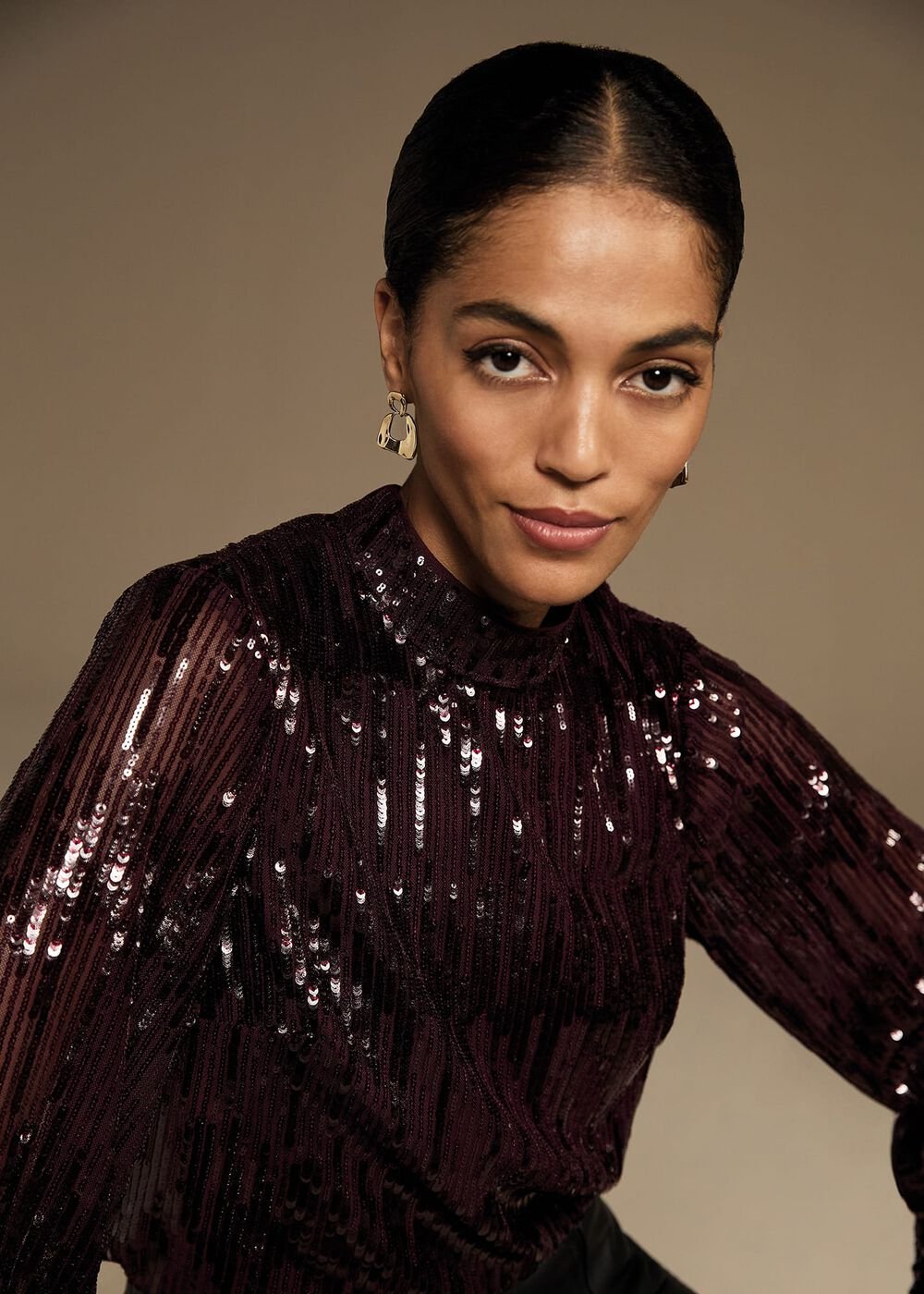 Hannah High Neck Sequin Top Burgundy
