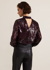 Hannah High Neck Sequin Top Burgundy