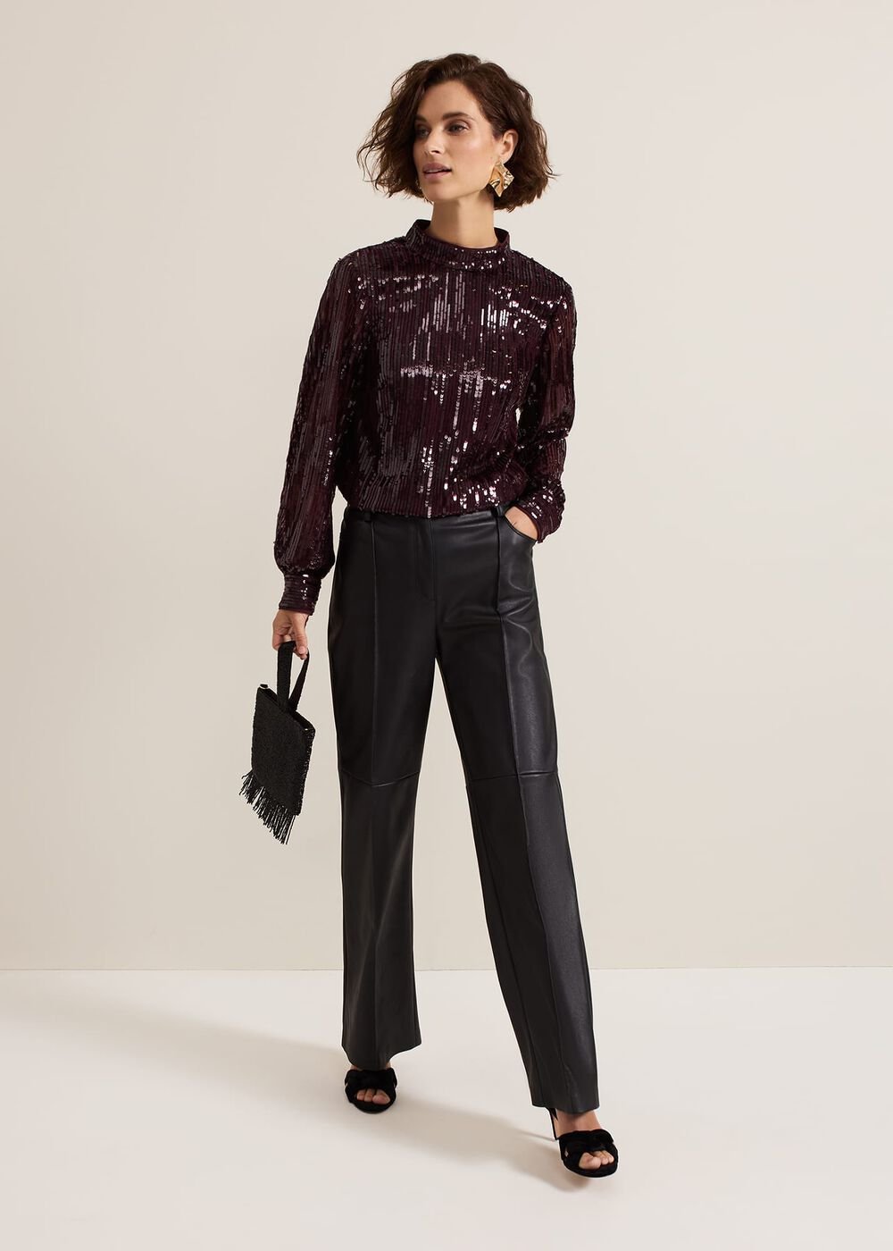 Hannah High Neck Sequin Top Burgundy