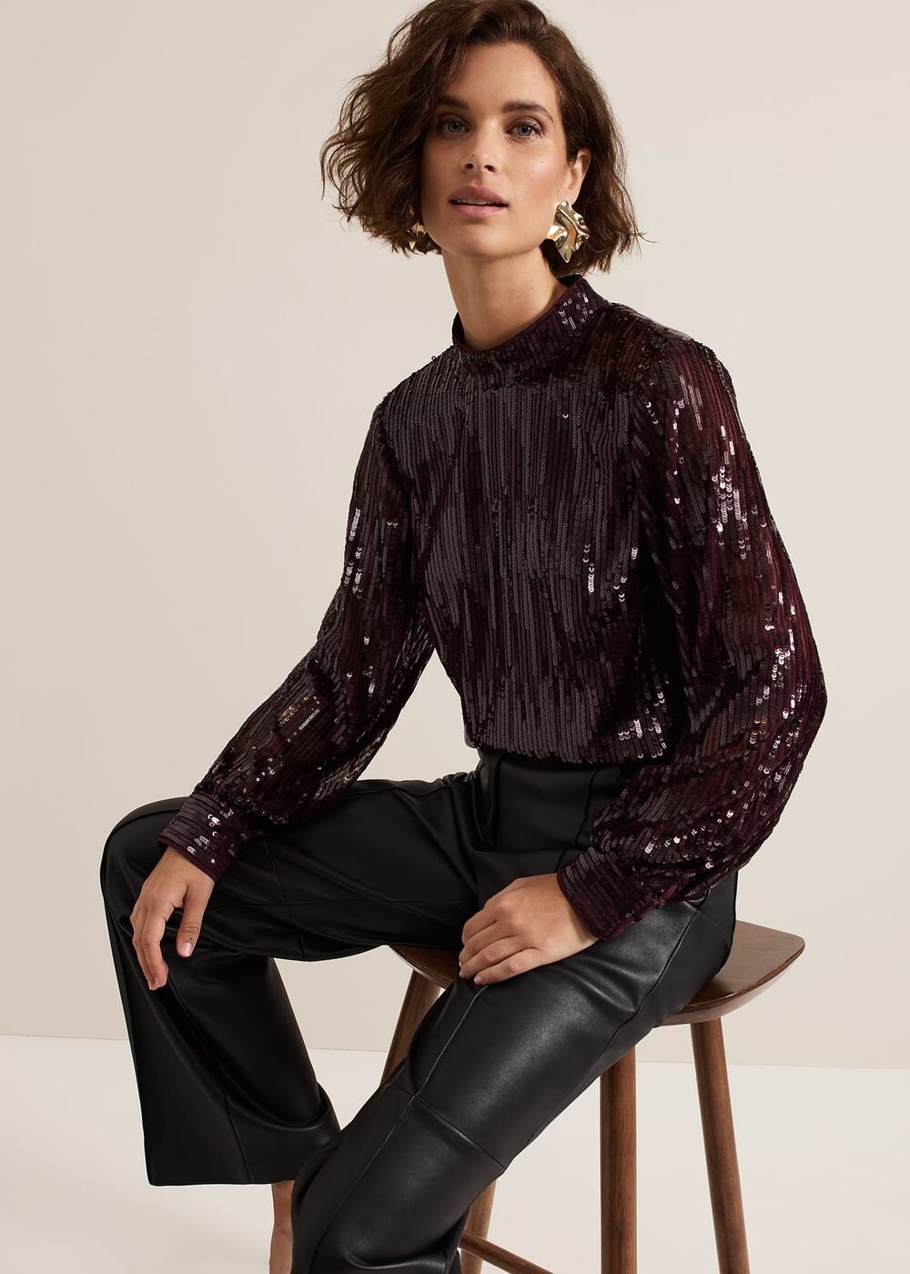 Hannah High Neck Sequin Top Burgundy