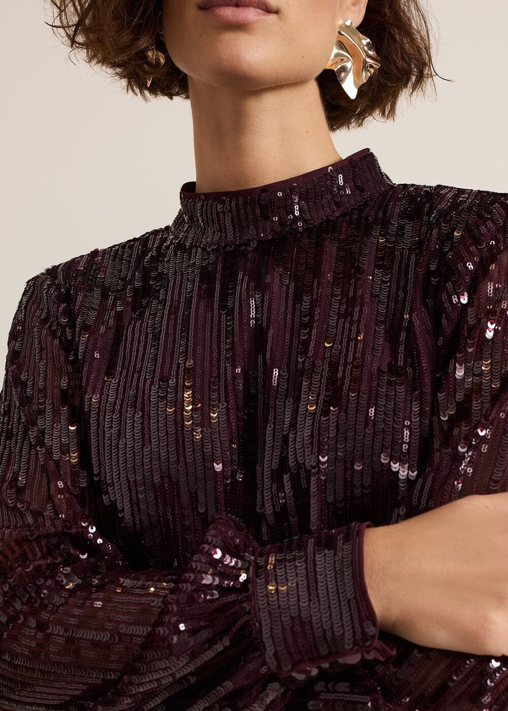 Hannah High Neck Sequin Top Burgundy