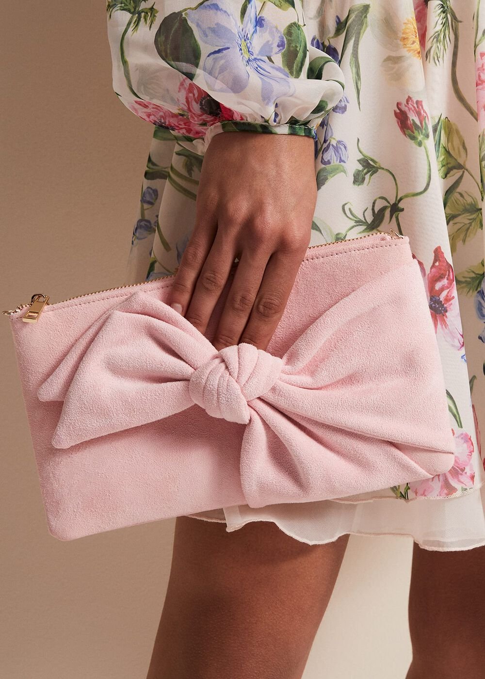 Pink Suede Bow Clutch Bag Pink