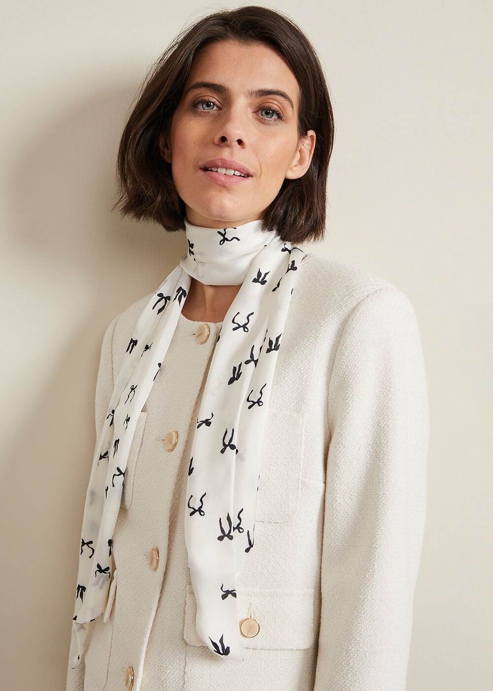 Bow Print Skinny Scarf Black/Ivory