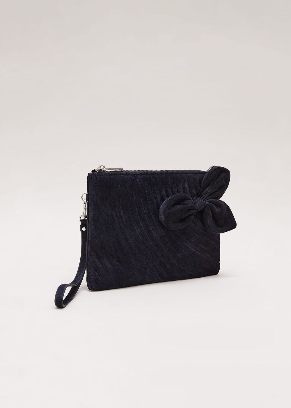 Suede Structured Bow Clutch Bag Navy