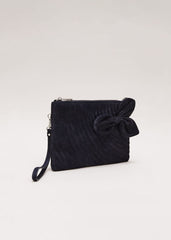 Suede Structured Bow Clutch Bag Navy