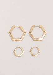 Gold Hexagon Hoop Earrings Set Gold