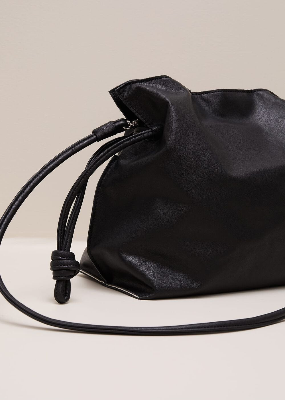 Black Leather Drawstring Soft Pouch Bag Black