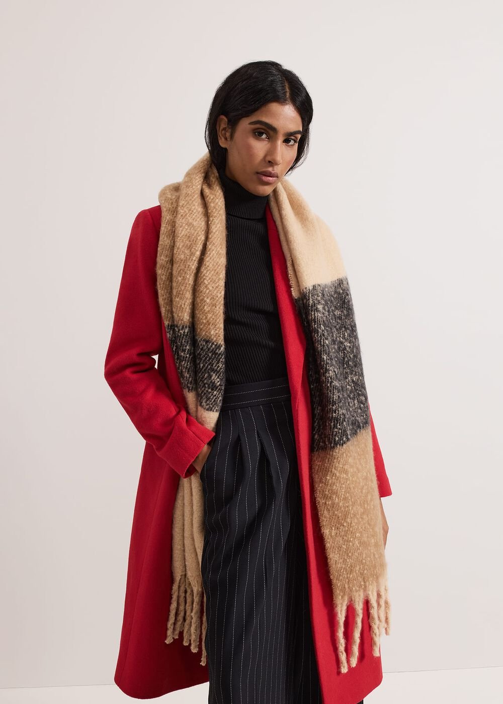 Oversized Stripe Brushed Scarf Black/Multi