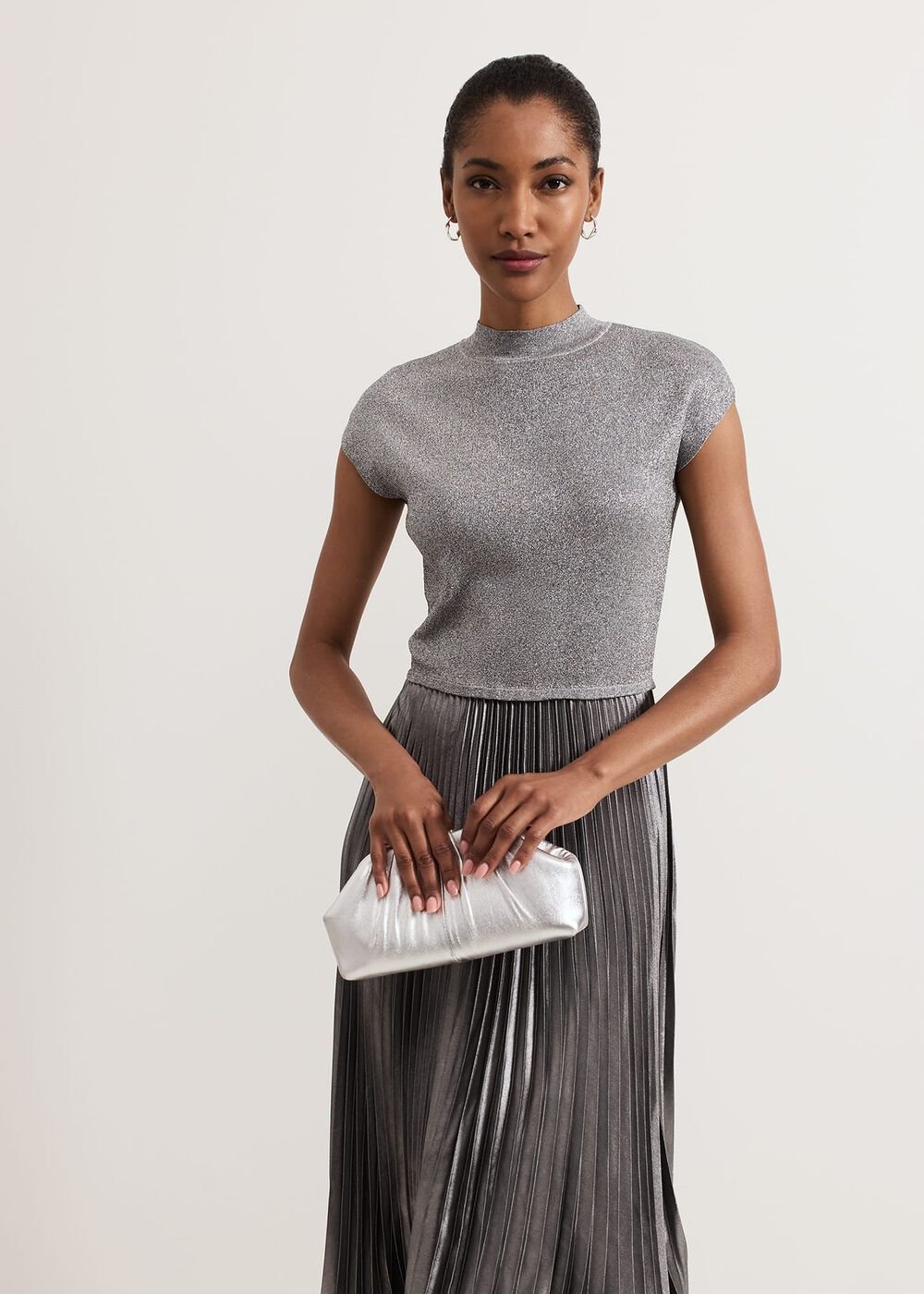 Silver Leather Pouch Clutch Bag Silver