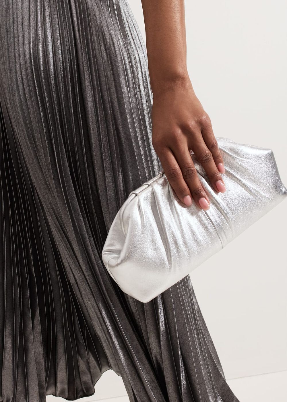Silver Leather Pouch Clutch Bag Silver