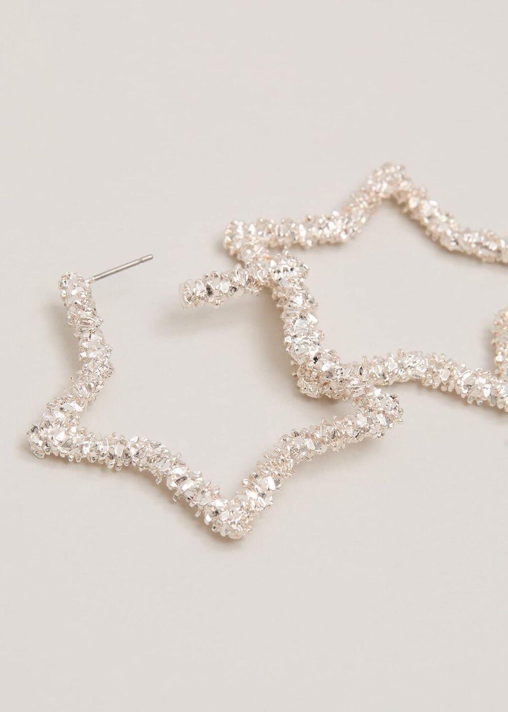 Silver Textured Large Star Hoop Earrings Silver
